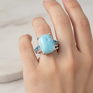 D'Joy AAA Larimar, Multi Gemstone Ring in Rhodium Over Sterling Silver (Size 10.0) 13.50 ctw