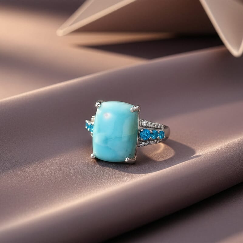 D'Joy AAA Larimar and Multi Gemstone 13.50 ctw Ring in Rhodium Over Sterling Silver (Size 9.0)