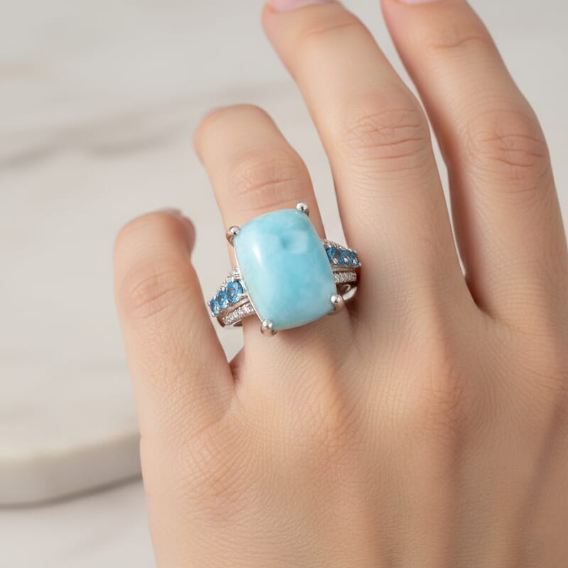 D'Joy AAA Larimar and Multi Gemstone 13.50 ctw Ring in Rhodium Over Sterling Silver (Size 9.0)
