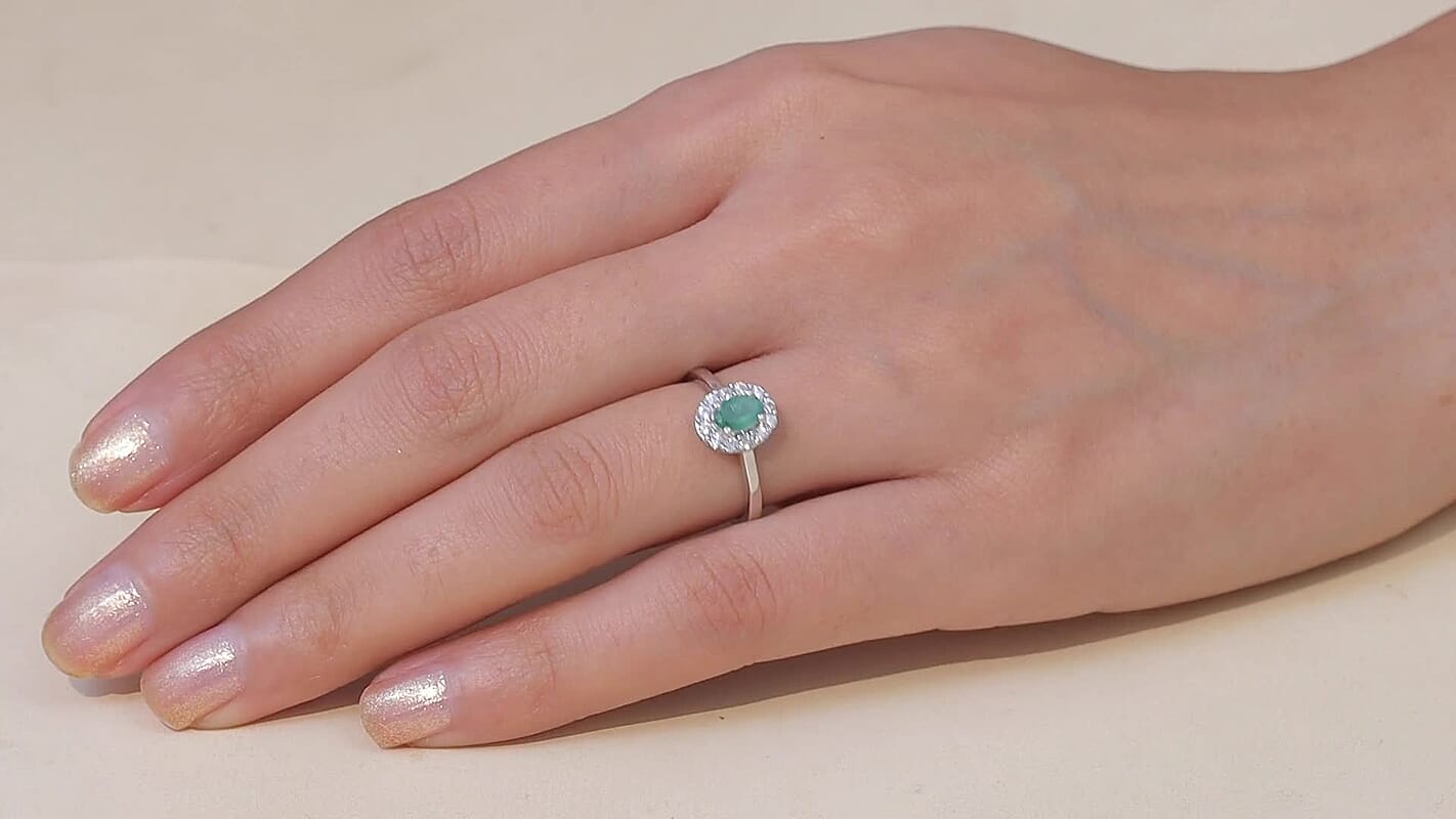 D'Joy Brazilian Emerald, White Zircon Floral Halo Ring in Rhodium Over Sterling Silver (Size 10.0) 0.85 ctw