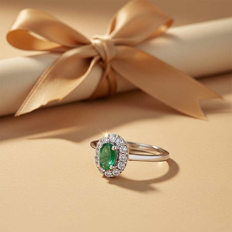 D'Joy Brazilian Emerald and White Zircon 0.85 ctw Floral Halo Ring in Rhodium Over Sterling Silver (Size  6.0)