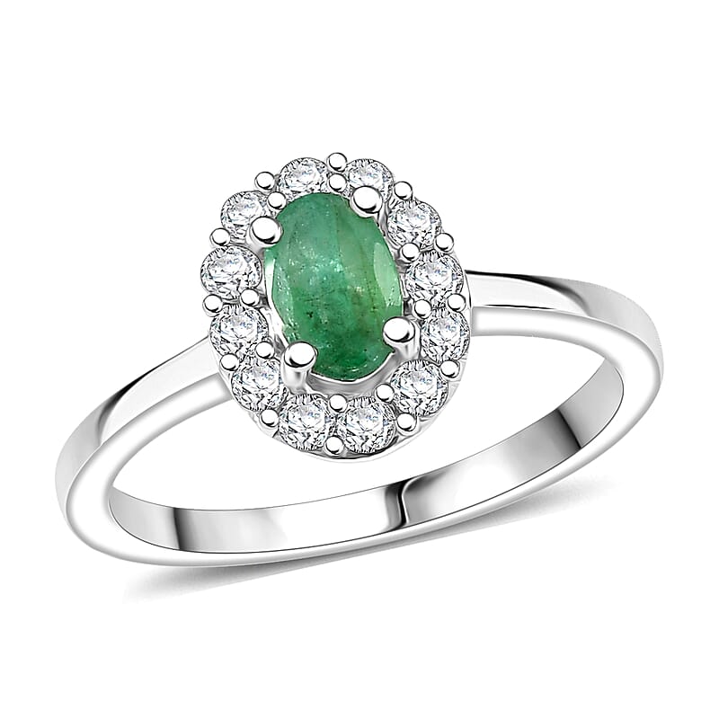 D'Joy Brazilian Emerald and White Zircon 0.85 ctw Floral Halo Ring in Rhodium Over Sterling Silver (Size  8.0)