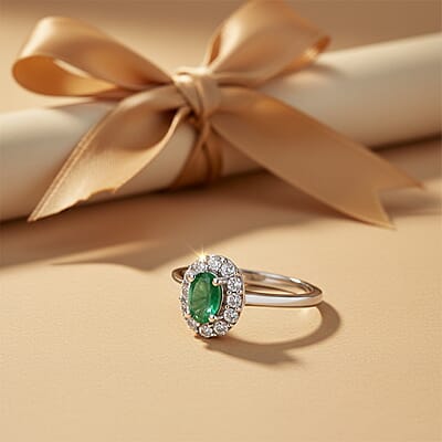 D'Joy Brazilian Emerald and White Zircon 0.85 ctw Floral Halo Ring in Rhodium Over Sterling Silver (Size  8.0)