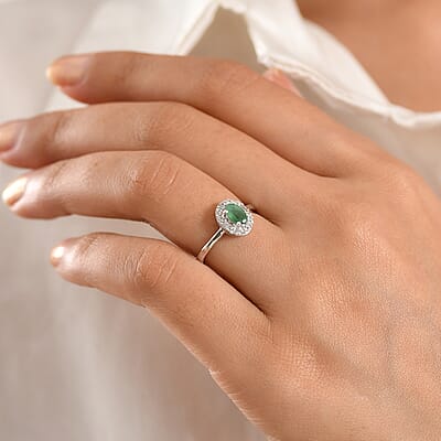 D'Joy Brazilian Emerald and White Zircon 0.85 ctw Floral Halo Ring in Rhodium Over Sterling Silver (Size  8.0)