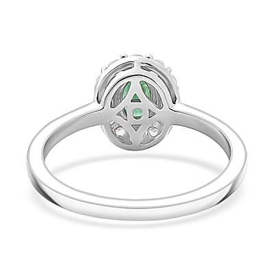 D'Joy Brazilian Emerald and White Zircon 0.85 ctw Floral Halo Ring in Rhodium Over Sterling Silver (Size  8.0)