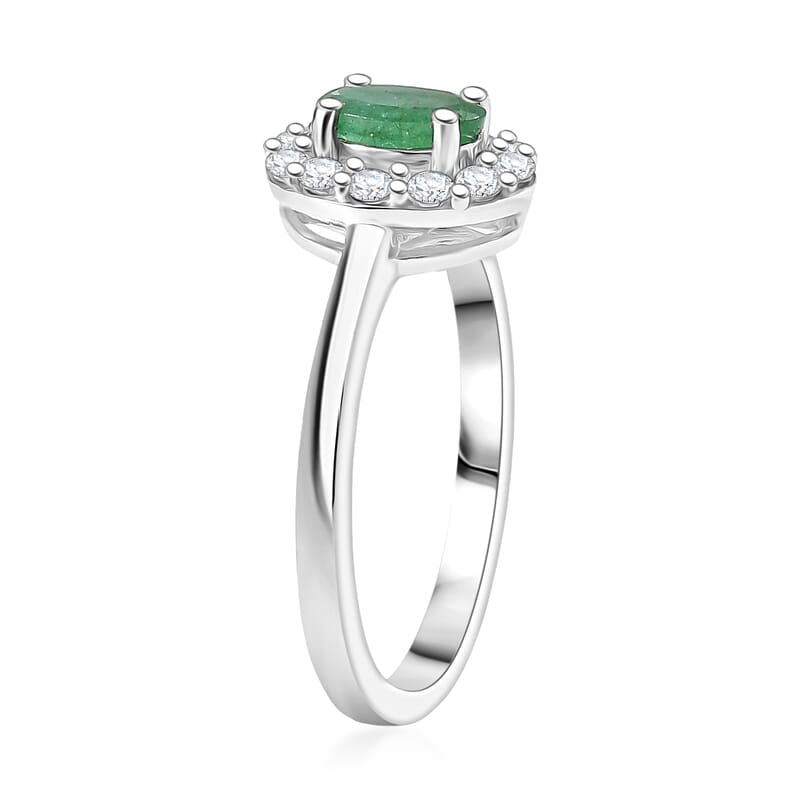 D'Joy Brazilian Emerald and White Zircon 0.85 ctw Floral Halo Ring in Rhodium Over Sterling Silver (Size  9.0)
