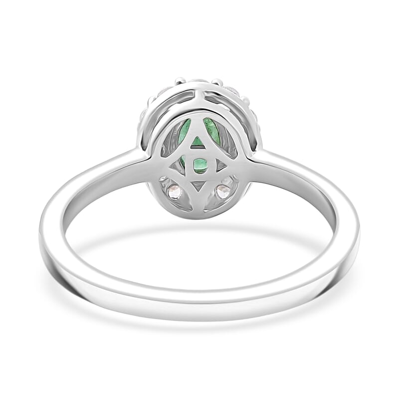 D'Joy Brazilian Emerald and White Zircon 0.85 ctw Floral Halo Ring in Rhodium Over Sterling Silver (Size  9.0)