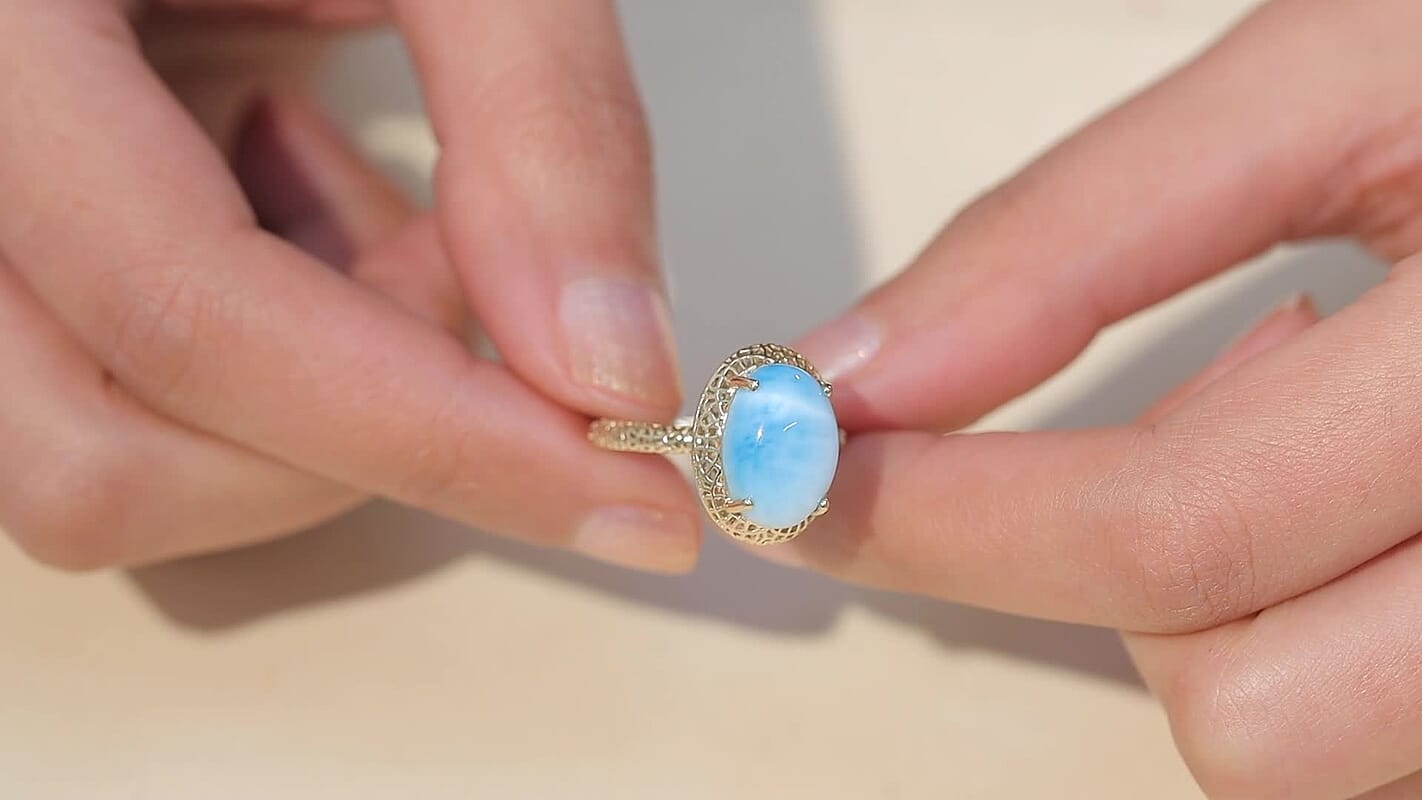 10K Yellow Gold AAA Larimar Ring (Size 9.0) 7.00 ctw