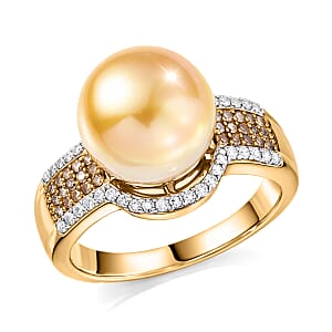 D'Joy South Sea Golden Cultured Pearl 10-11mm, Natural Champagne and White Diamond 0.40 ctw Golden Glow Ring in 18K Vermeil Yellow Gold Over Sterling Silver (Size 10.0)