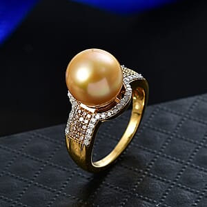 D'Joy South Sea Golden Cultured Pearl 10-11mm, Natural Champagne and White Diamond 0.40 ctw Golden Glow Ring in 18K Vermeil Yellow Gold Over Sterling Silver (Size 10.0)