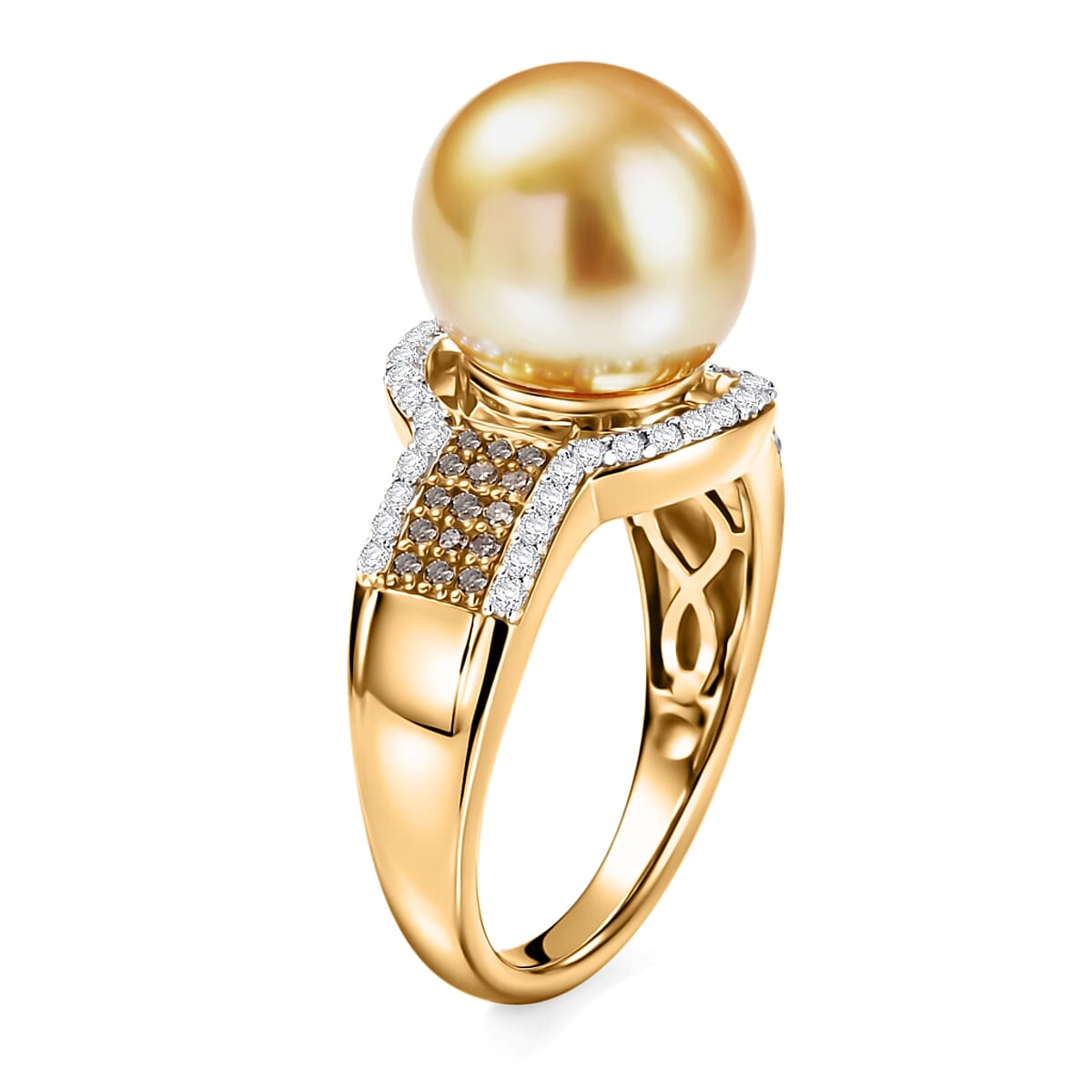 D'Joy South Sea Golden Cultured Pearl 10-11mm, Natural Champagne and White Diamond 0.40 ctw Golden Glow Ring in 18K Vermeil Yellow Gold Over Sterling Silver (Size 10.0) image number 3