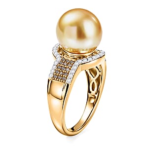 D'Joy South Sea Golden Cultured Pearl 10-11mm, Natural Champagne and White Diamond 0.40 ctw Golden Glow Ring in 18K Vermeil Yellow Gold Over Sterling Silver (Size 10.0)