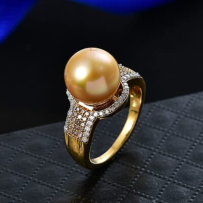 D'Joy South Sea Golden Cultured Pearl 10-11mm, Natural Champagne and White Diamond 0.40 ctw Golden Glow Ring in 18K Vermeil Yellow Gold Over Sterling Silver (Size 7.0)
