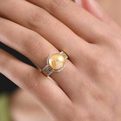 D'Joy South Sea Golden Cultured Pearl 10-11mm, Natural Champagne and White Diamond 0.40 ctw Golden Glow Ring in 18K Vermeil Yellow Gold Over Sterling Silver (Size 7.0)