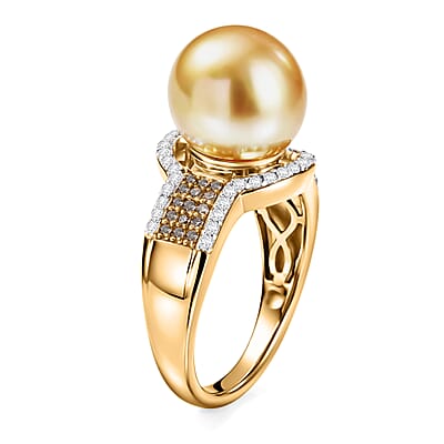 D'Joy South Sea Golden Cultured Pearl 10-11mm, Natural Champagne and White Diamond 0.40 ctw Golden Glow Ring in 18K Vermeil Yellow Gold Over Sterling Silver (Size 7.0)