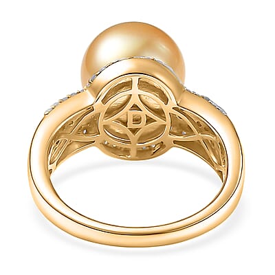 D'Joy South Sea Golden Cultured Pearl 10-11mm, Natural Champagne and White Diamond 0.40 ctw Golden Glow Ring in 18K Vermeil Yellow Gold Over Sterling Silver (Size 7.0)