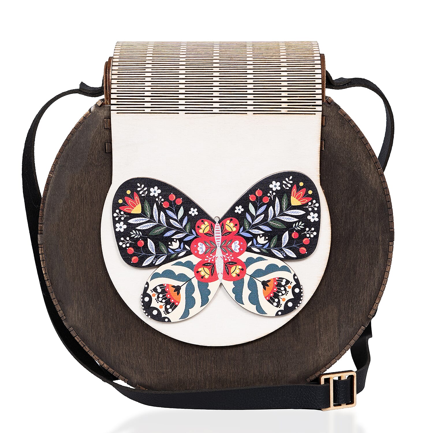 Passage Multi Color Butterfly Print Wood Round Shoulder Bag