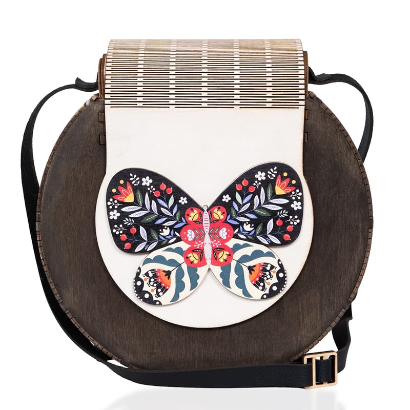 Passage Multi Color Butterfly Print Wood Round Shoulder Bag