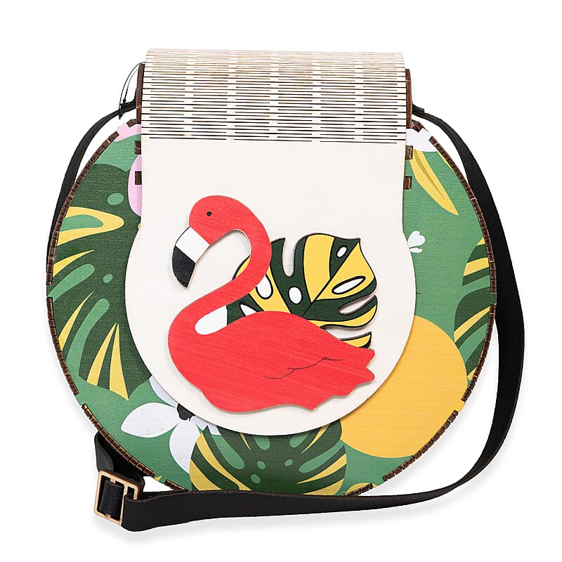 Passage Multi Color Flamingo Print Wood Round Shoulder Bag