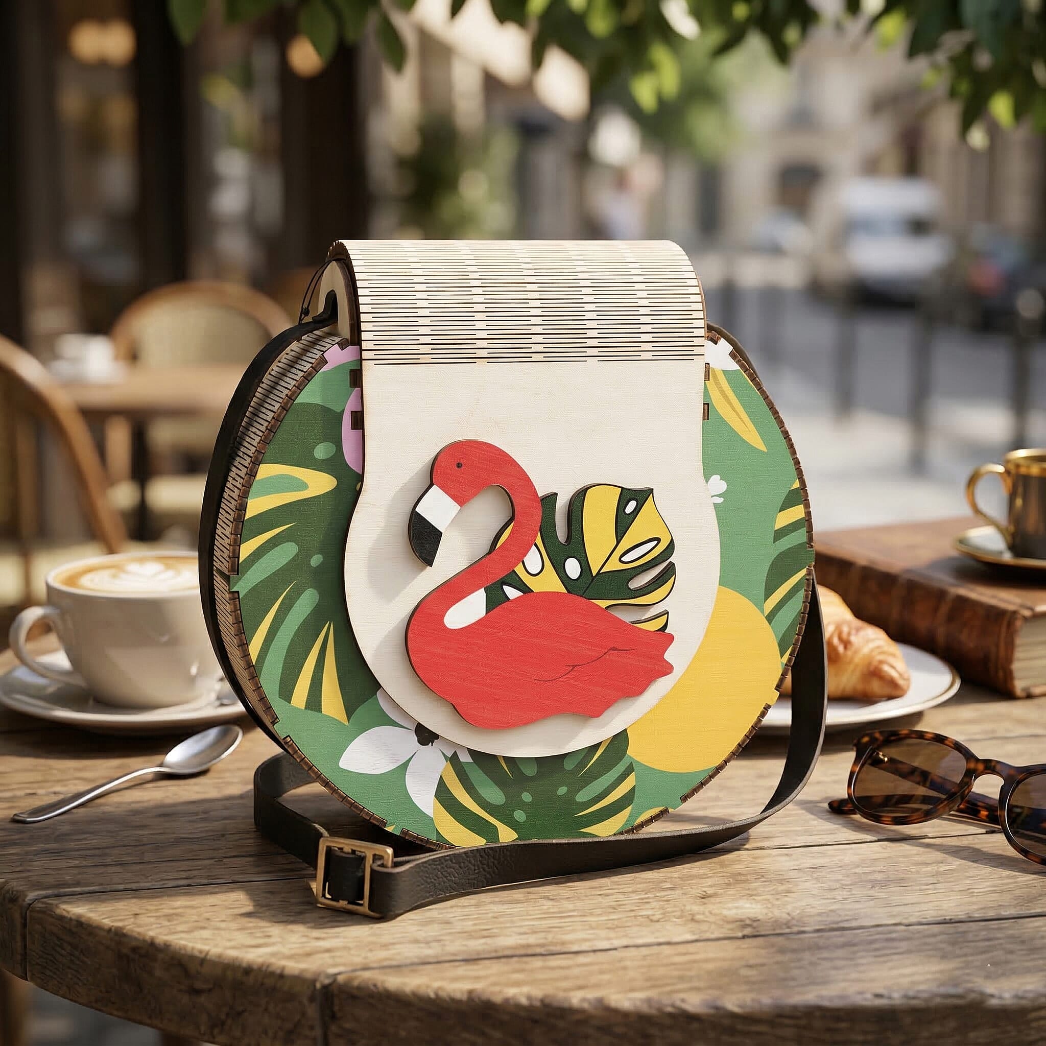 Passage Multi Color Flamingo Print Wood Round Shoulder Bag