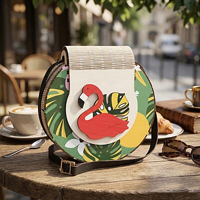 Passage Multi Color Flamingo Print Wood Round Shoulder Bag