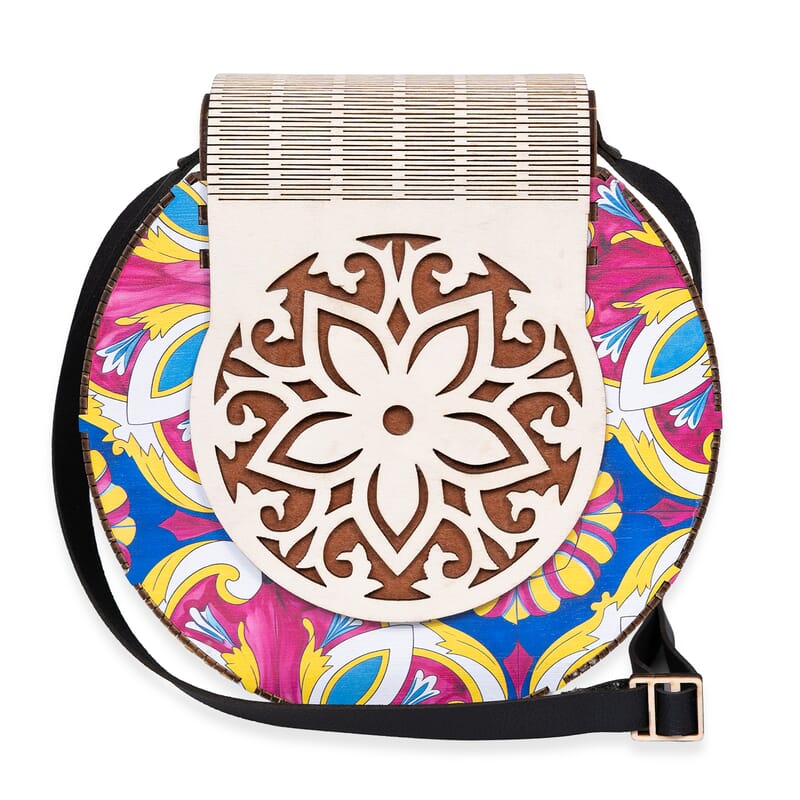 Passage Multi Color Boho Floral Print Wood Round Shoulder Bag