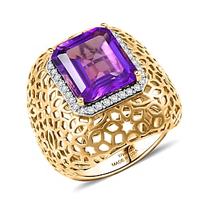 D'Joy Passport to Turkey African Amethyst and White Zircon 6.25 ctw Filigree Work Ring in 18K Vermeil Yellow Gold Over Sterling Silver (Size 10.0)
