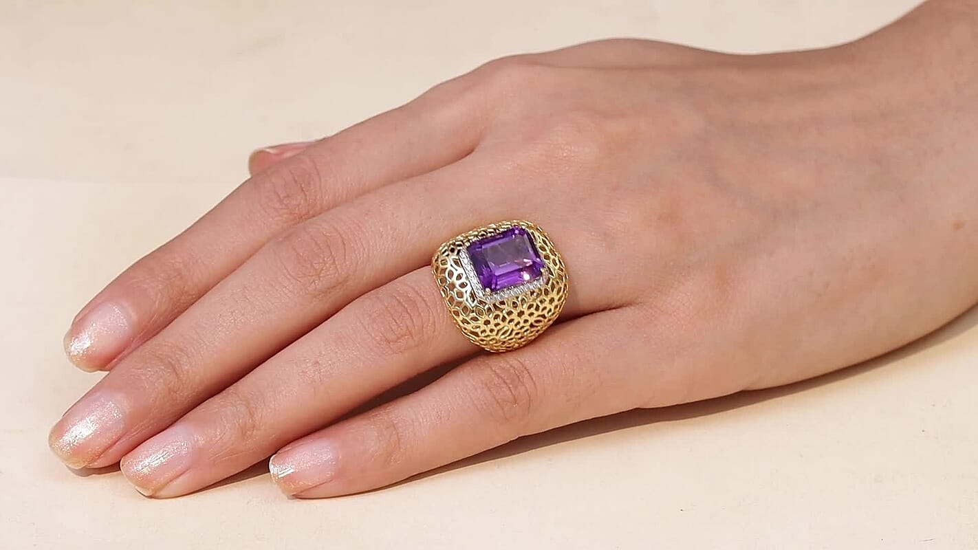 D'Joy Passport to Turkey African Amethyst, White Zircon Filigree Work Ring in 18K Vermeil YG Over Sterling Silver (Size 10.0) 6.25 ctw