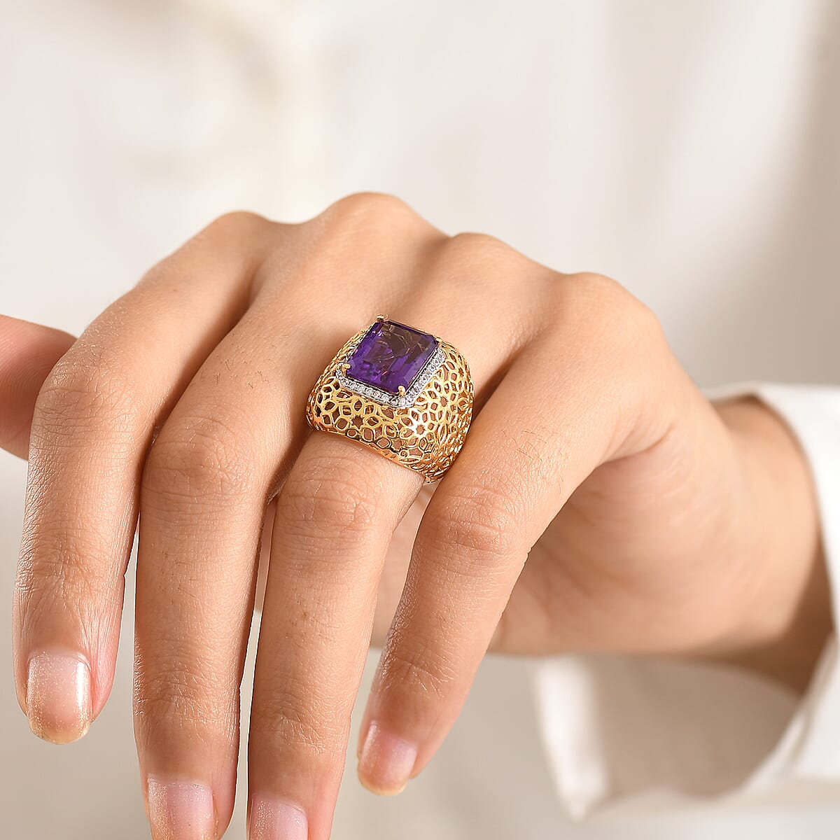 D'Joy Passport to Turkey African Amethyst and White Zircon 6.25 ctw Filigree Work Ring in 18K Vermeil Yellow Gold Over Sterling Silver (Size 10.0) image number 2