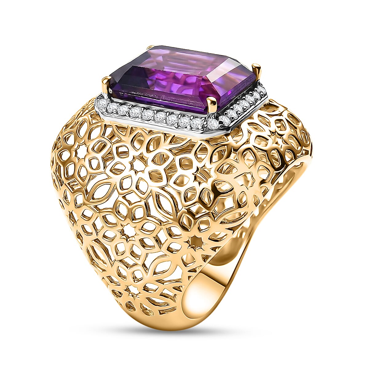D'Joy Passport to Turkey African Amethyst and White Zircon 6.25 ctw Filigree Work Ring in 18K Vermeil Yellow Gold Over Sterling Silver (Size 7.0) image number 3