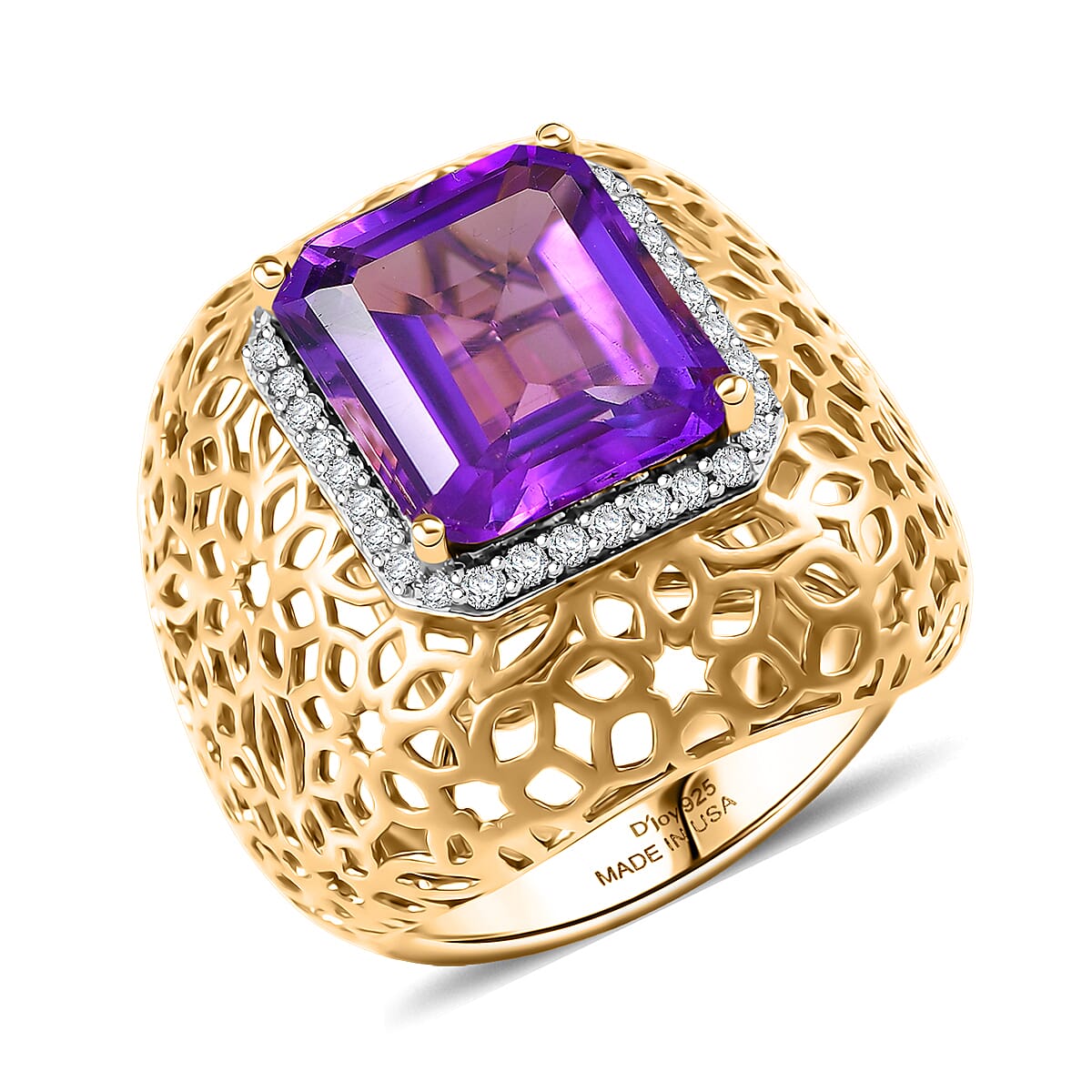D'Joy Passport to Turkey African Amethyst, White Zircon Filigree Work Ring in 18K Vermeil YG Over Sterling Silver (Size 10.0) 6.25 ctw