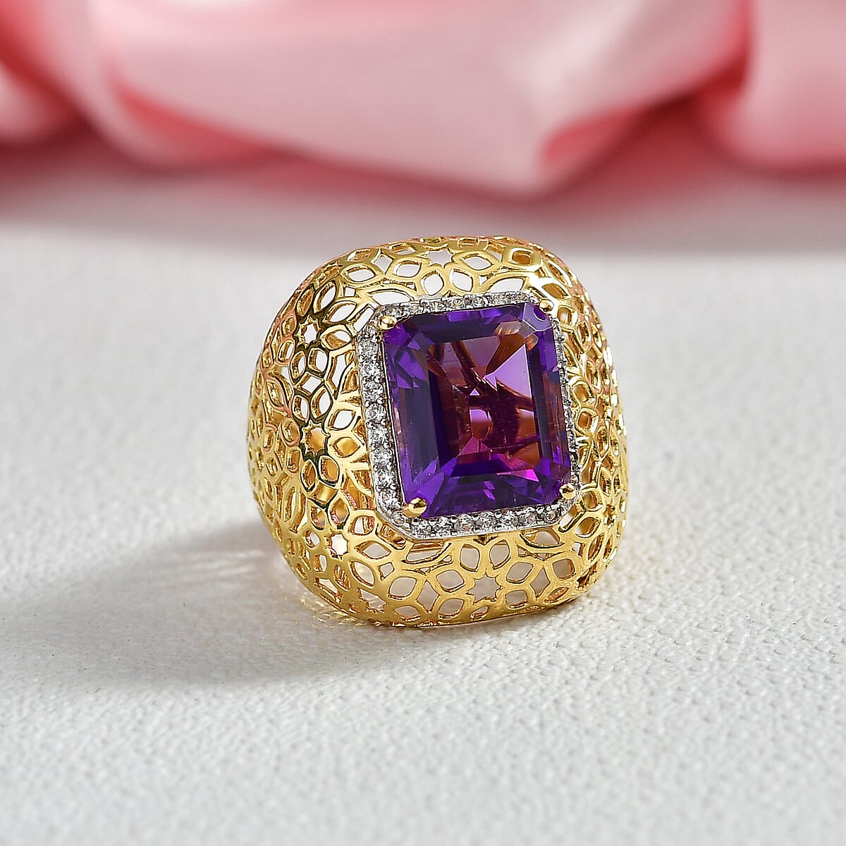 D'Joy Passport to Turkey African Amethyst and White Zircon 6.25 ctw Filigree Work Ring in 18K Vermeil Yellow Gold Over Sterling Silver (Size 8.0) image number 1