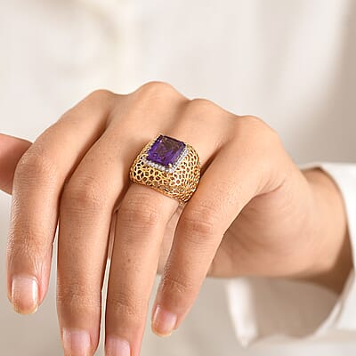 D'Joy Passport to Turkey African Amethyst and White Zircon 6.25 ctw Filigree Work Ring in 18K Vermeil Yellow Gold Over Sterling Silver (Size 8.0)