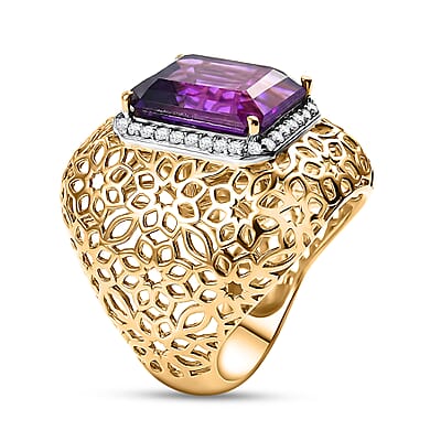 D'Joy Passport to Turkey African Amethyst and White Zircon 6.25 ctw Filigree Work Ring in 18K Vermeil Yellow Gold Over Sterling Silver (Size 8.0)
