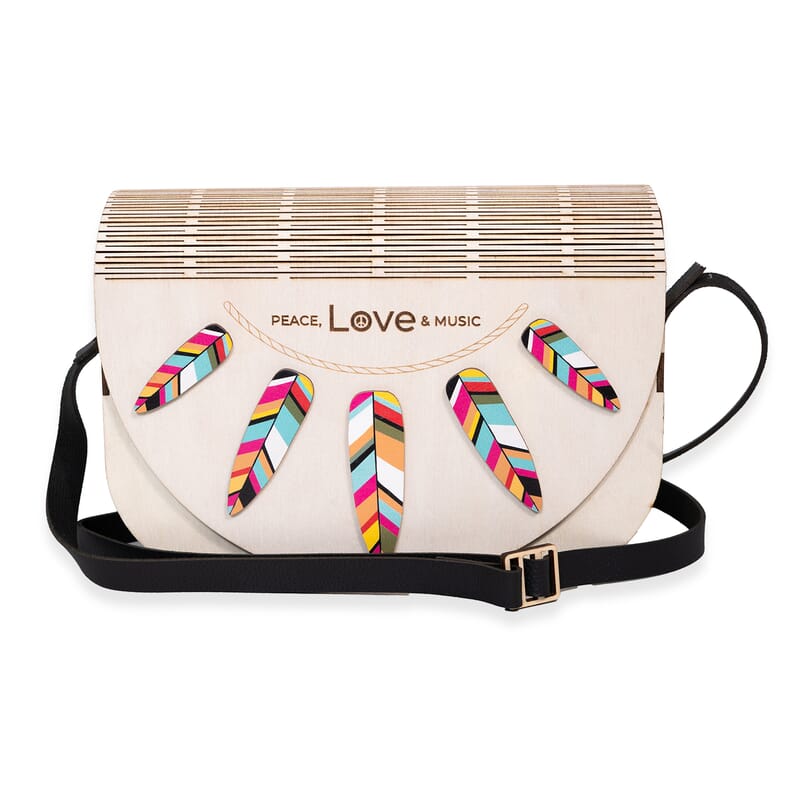 Passage Multi Color Feather Print Wood Round Shoulder Bag