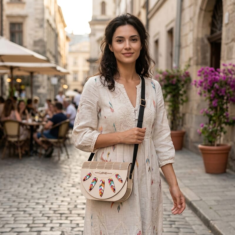 Passage Multi Color Feather Print Wood Round Shoulder Bag