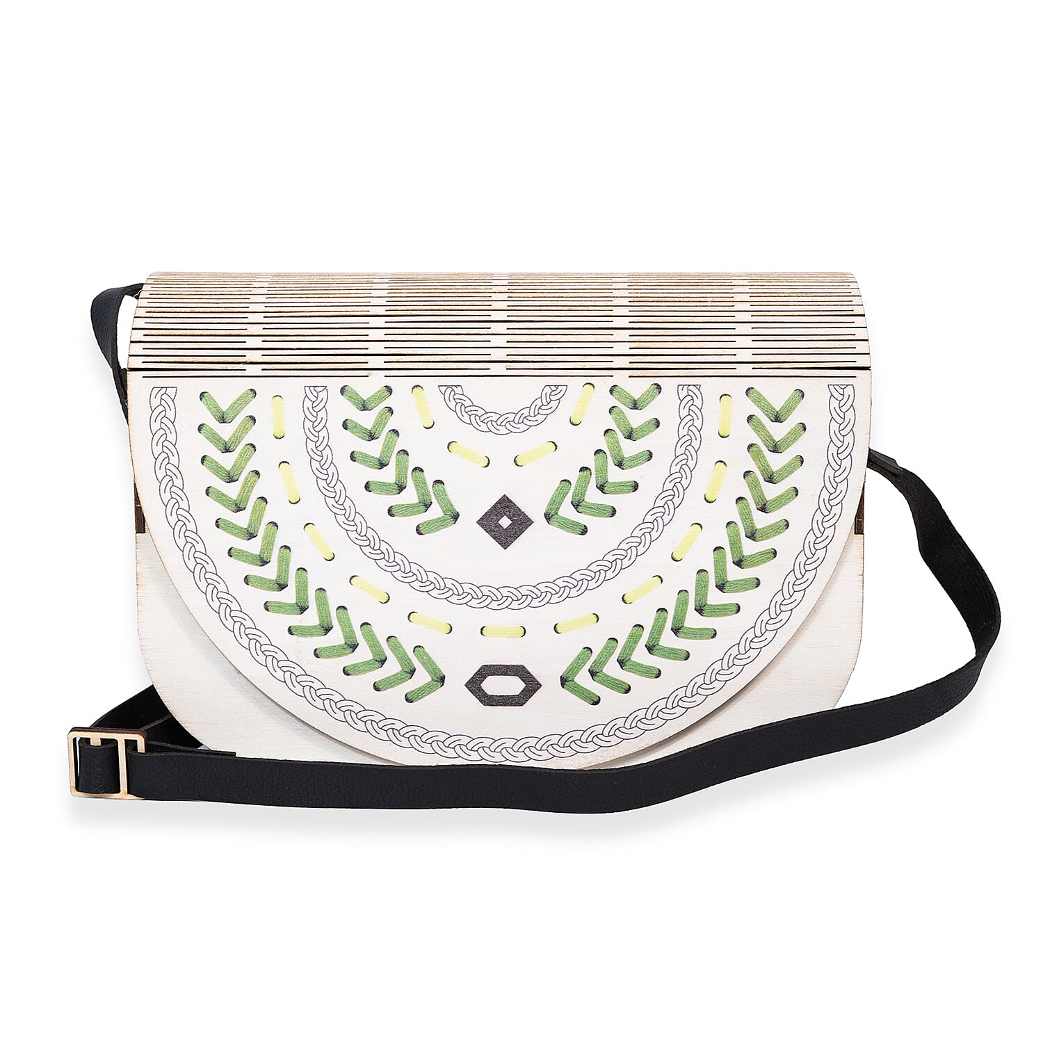 Passage Multi Color Boho Green Mandala Print Wood Round Shoulder Bag