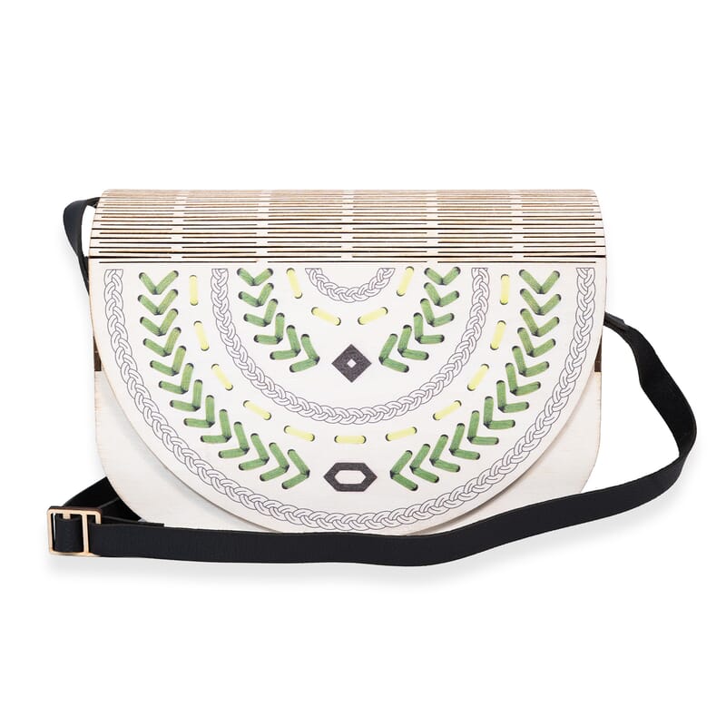 Passage Multi Color Boho Green Mandala Print Wood Round Shoulder Bag