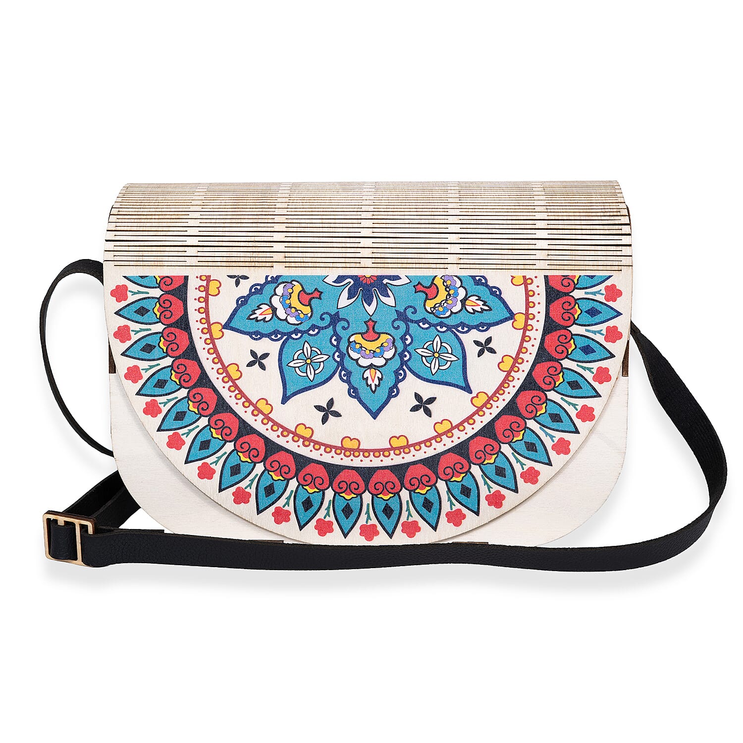 Passage Multi Color Boho Medallion Print Wood Round Shoulder Bag