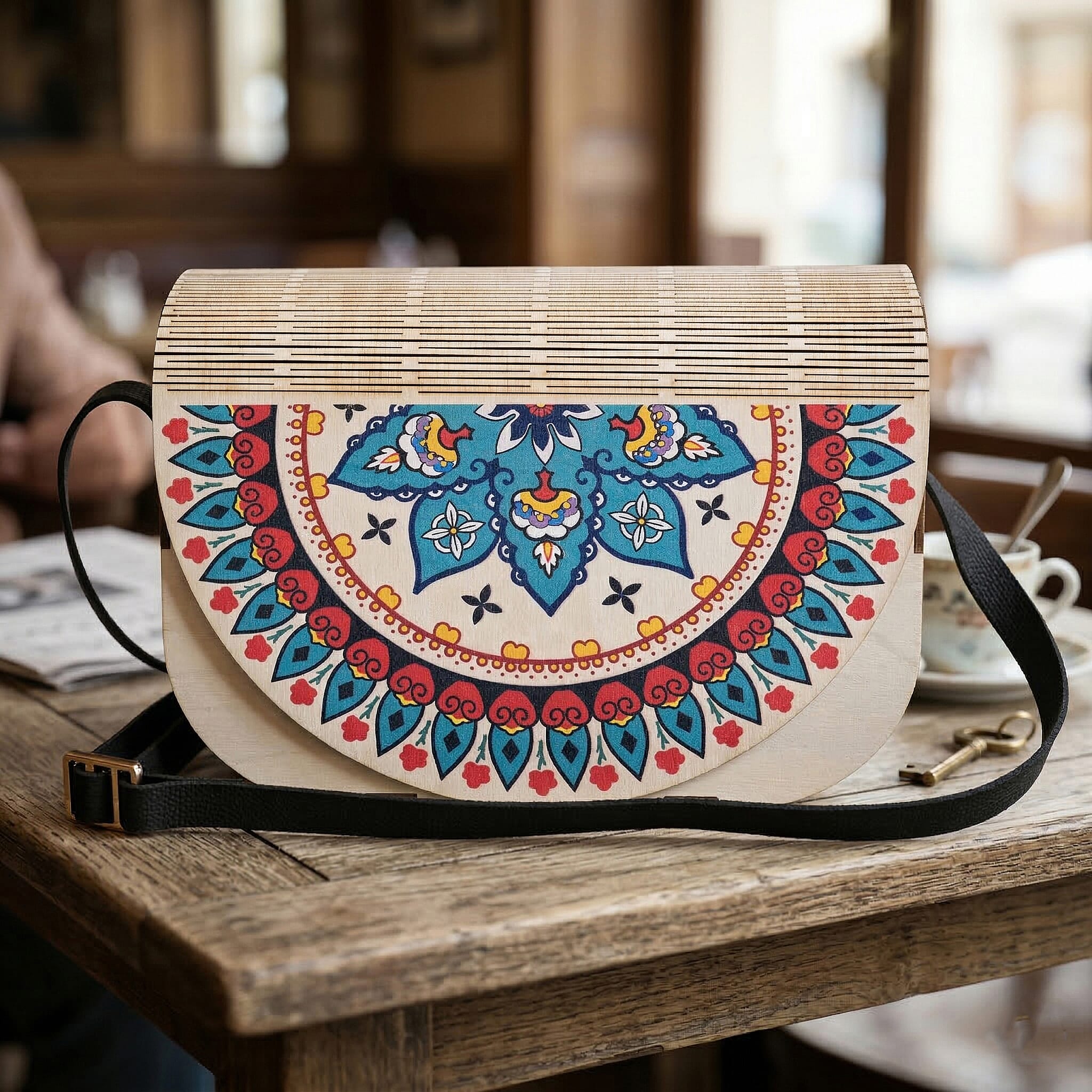 Passage Multi Color Boho Medallion Print Wood Round Shoulder Bag