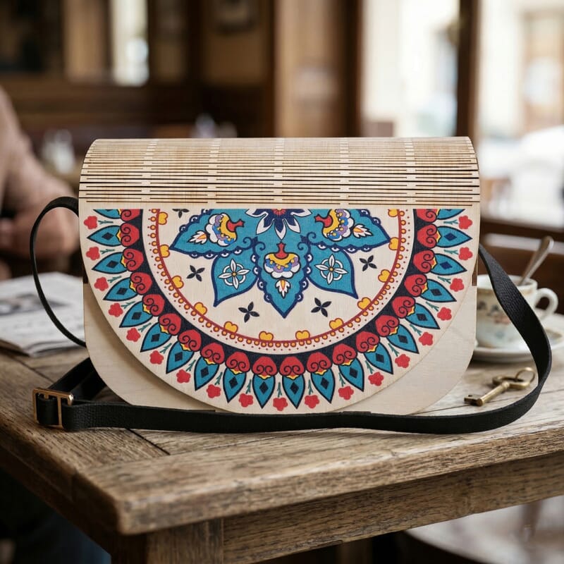Passage Multi Color Boho Medallion Print Wood Round Shoulder Bag