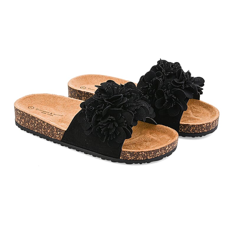 ELIZABETH & NICOLE Black Floral Sandals (Size 6)