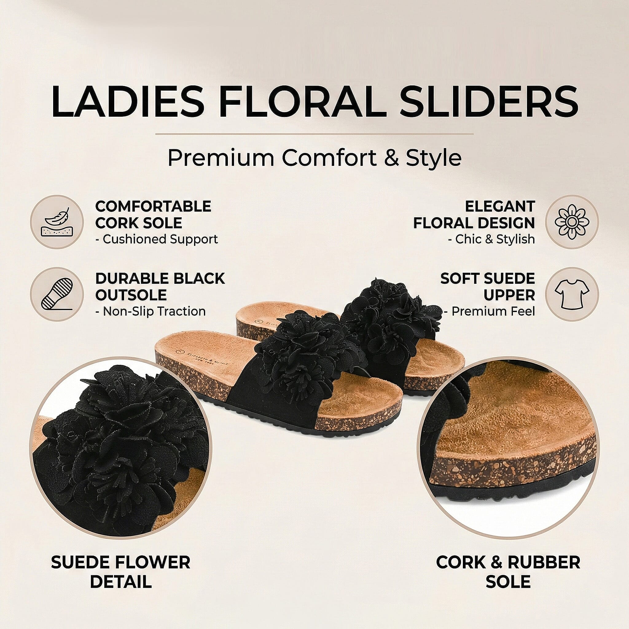 ELIZABETH & NICOLE Black Floral Sandals (Size 6)