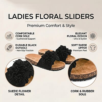 ELIZABETH & NICOLE Black Floral Sandals (Size 6)
