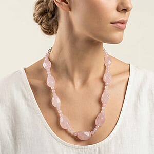 EverTrue Galilea Rose Quartz 310.00 ctw Beaded Necklace (18 Inches) in Platinum Bond