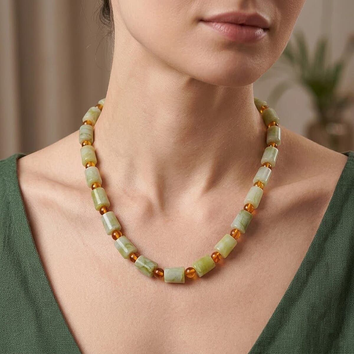 EverTrue Harmony Serpentine and Amber 170.00 ctw Beaded Necklace (18 Inches) in ION Plated YG Stainless Steel image number 2