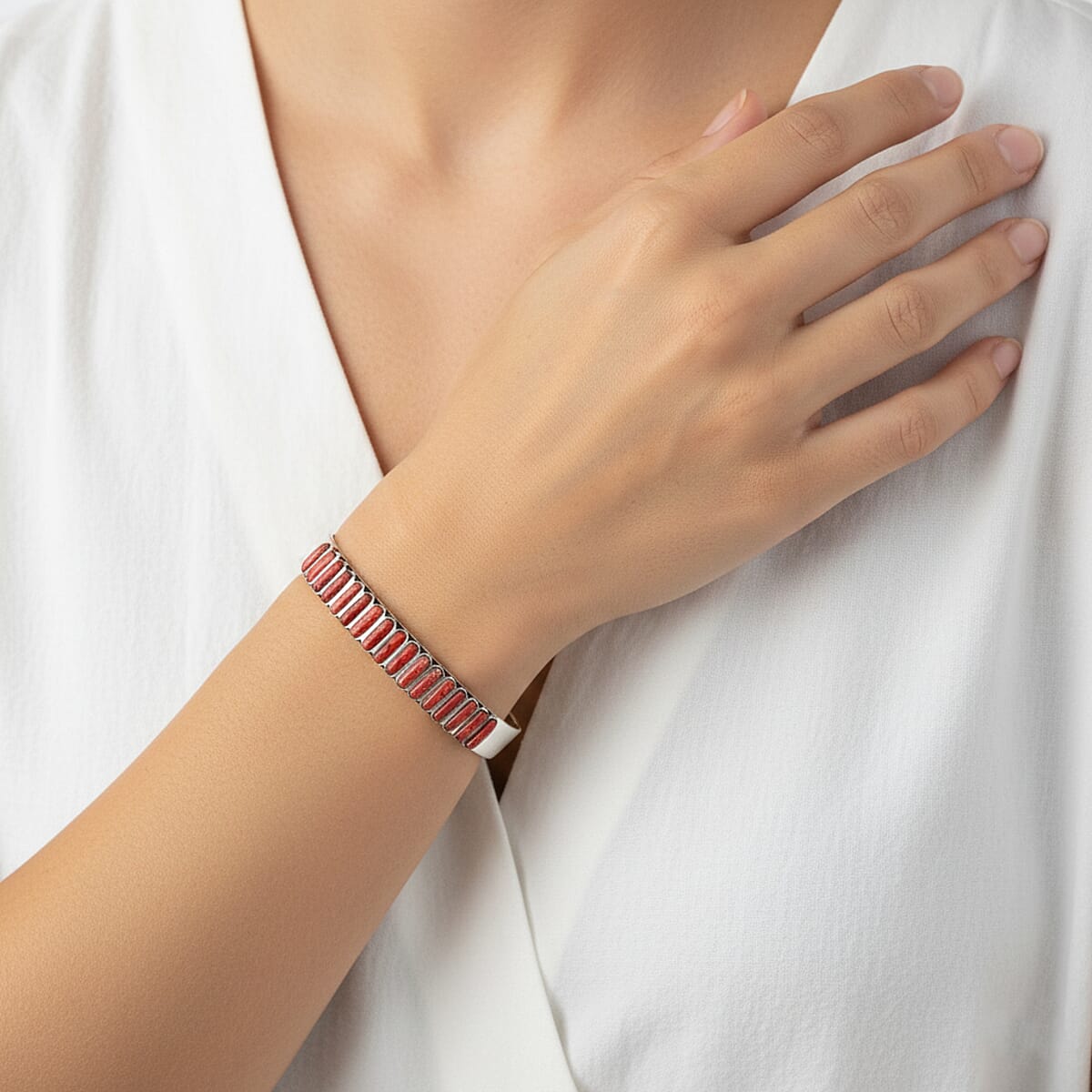 Santa Fe Style Red Coral Bracelet in Sterling Silver (7.00 In) image number 2