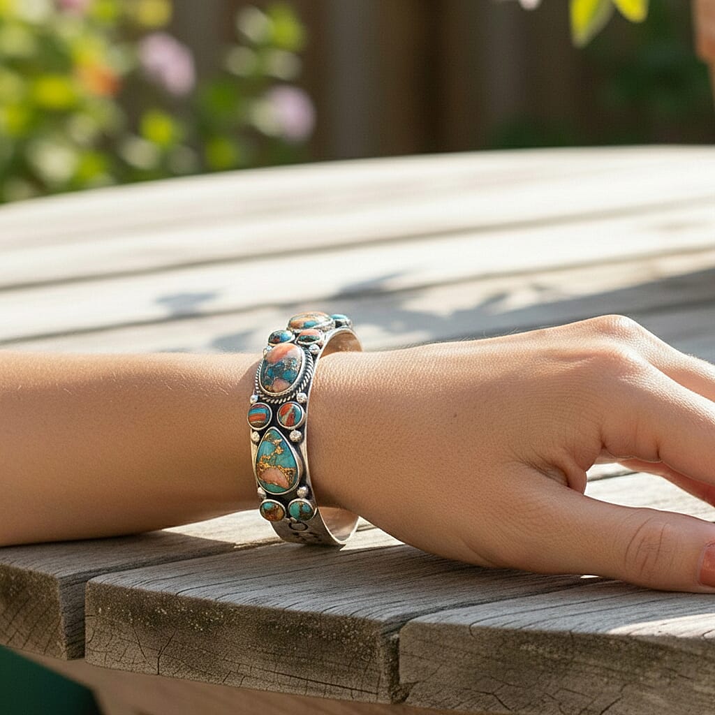 Santa Fe Style Spiny Turquoise  16 ctw Bracelet in Sterling Silver (7.00 In)