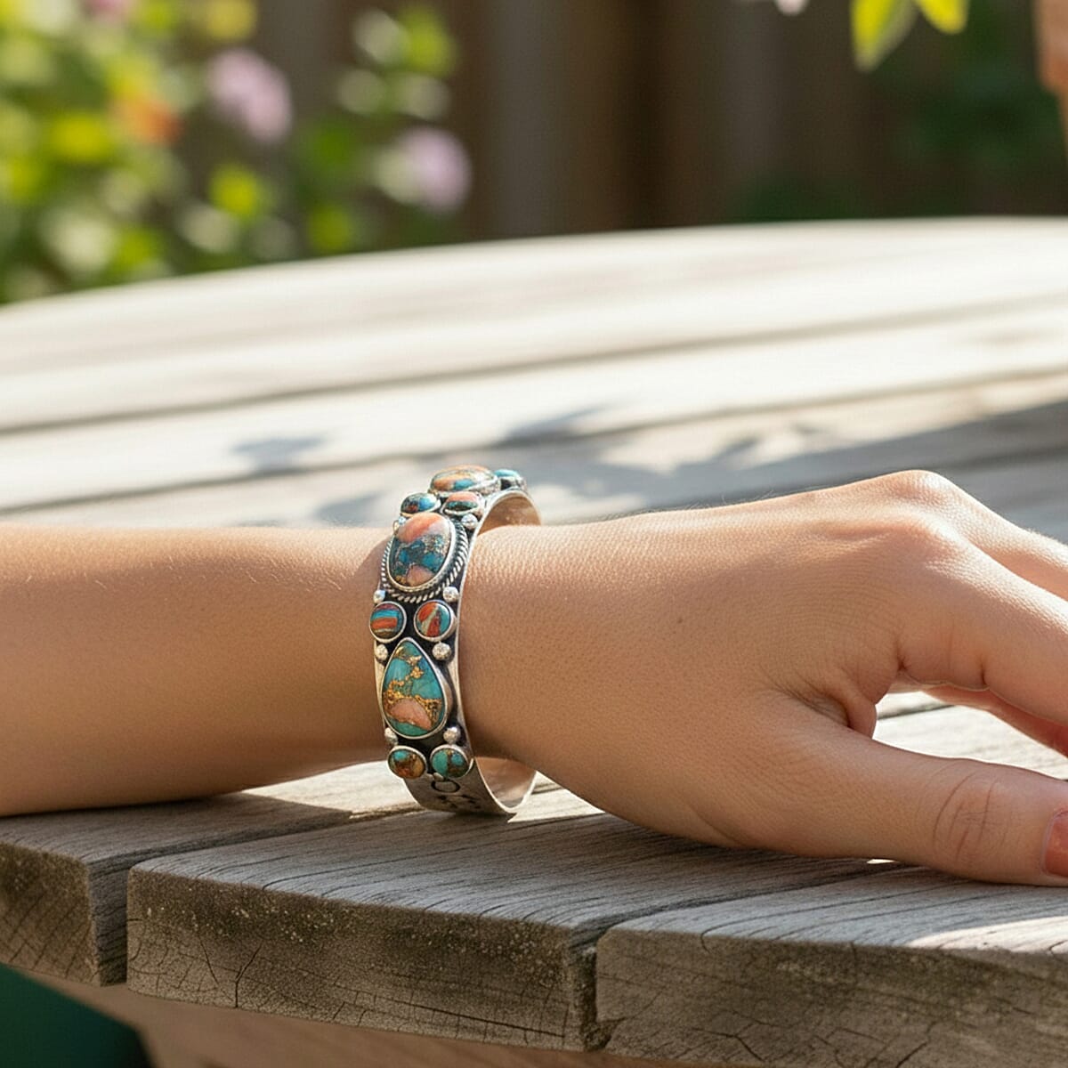 Santa Fe Style Spiny Turquoise  16 ctw Bracelet in Sterling Silver (7.00 In) image number 2