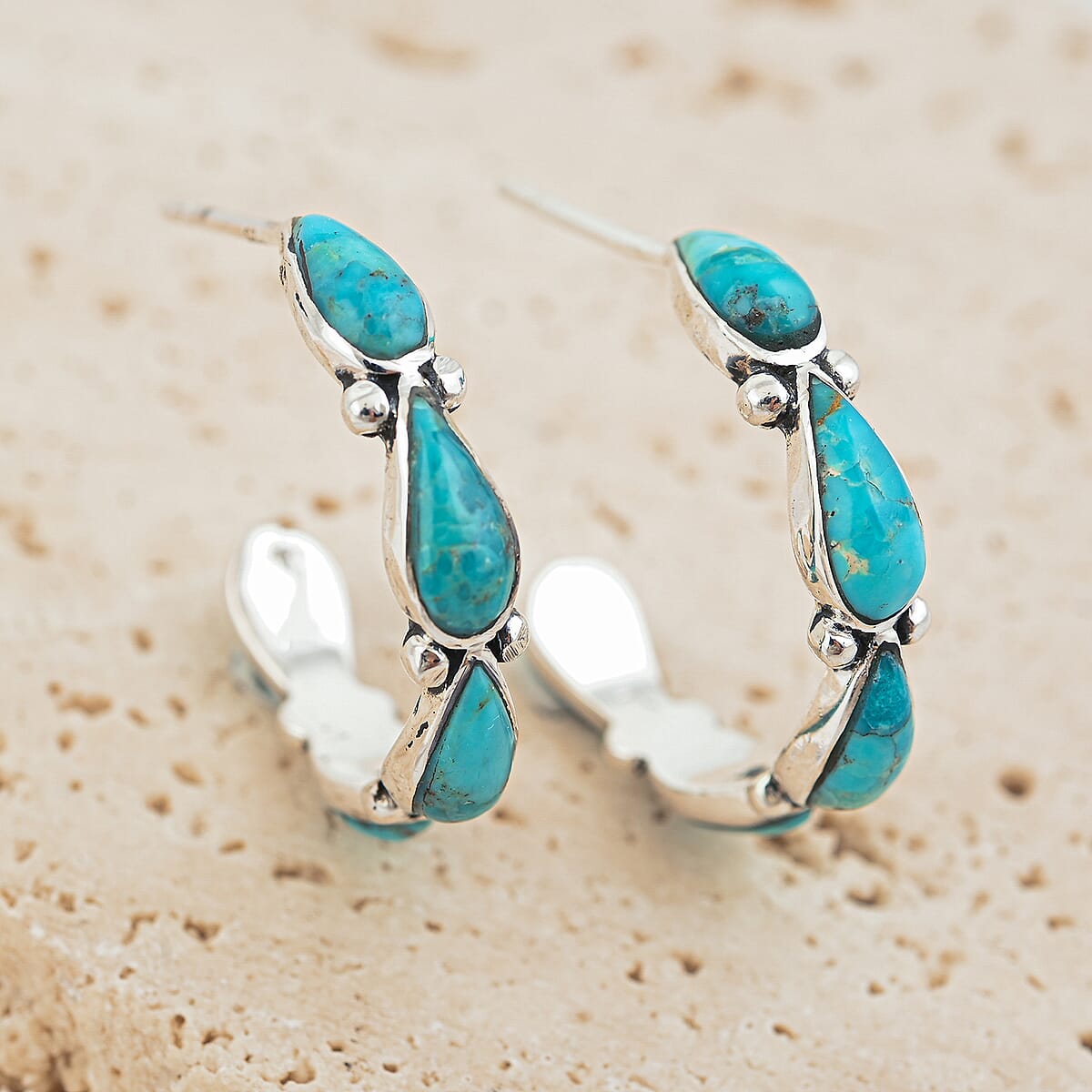 Santa Fe Style Kingman Turquoise  6 ctw Earrings in Sterling Silver image number 1